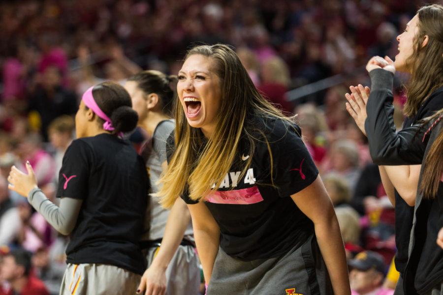 Junior forward Bride Kennedy-Hopoate cheers for her teammates during the Iowa State vs OSU basketball game Feb. 10 in Hilton Coliseum. The cyclones were narrowly defeated by the Cowgirls 73-81