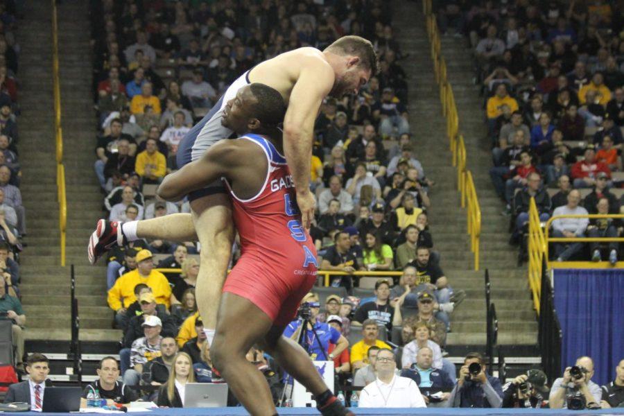 Kyven+Gadson+from+Iowa+State+lifts+Minnesotas+Scott+Schiller+off+the+ground+for+a+four+point+takedown.+Gadson+is+wrestling+at+the+Olympic+Trials+on+April+10+in+Iowa+City%2C+Iowa.%C2%A0