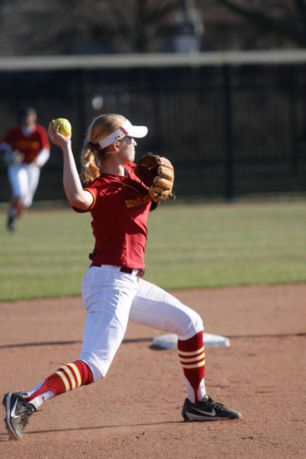 Iowa State shortstop Sami Williams fires a ground ball over to first base during the Cyclones 4-2 win over Iowa in the Cy-Hawk Series on April 25, 2018.