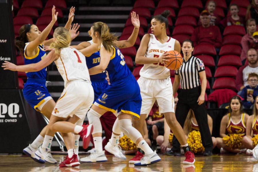Members of the Iowa State Basketball Team play offence during the Iowa State Vs UC Riverside basketball game Dec 17. The Cyclones Defeated Riverside 89-66