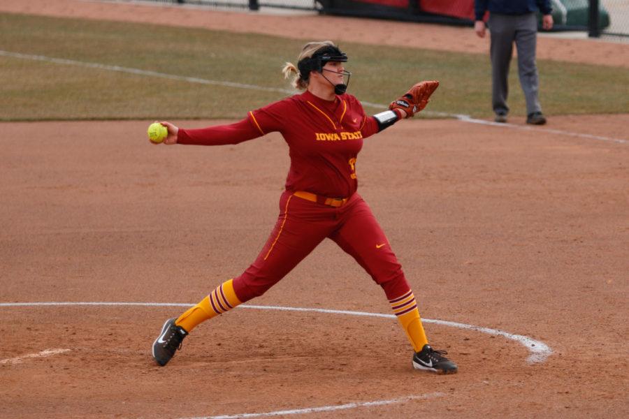 Iowa State senior Brianna Weilbacher delivers a pitch during the Cyclones 11-4 loss to Texas. Weilbacher pitched four innings, allowing seven hits for six runs.