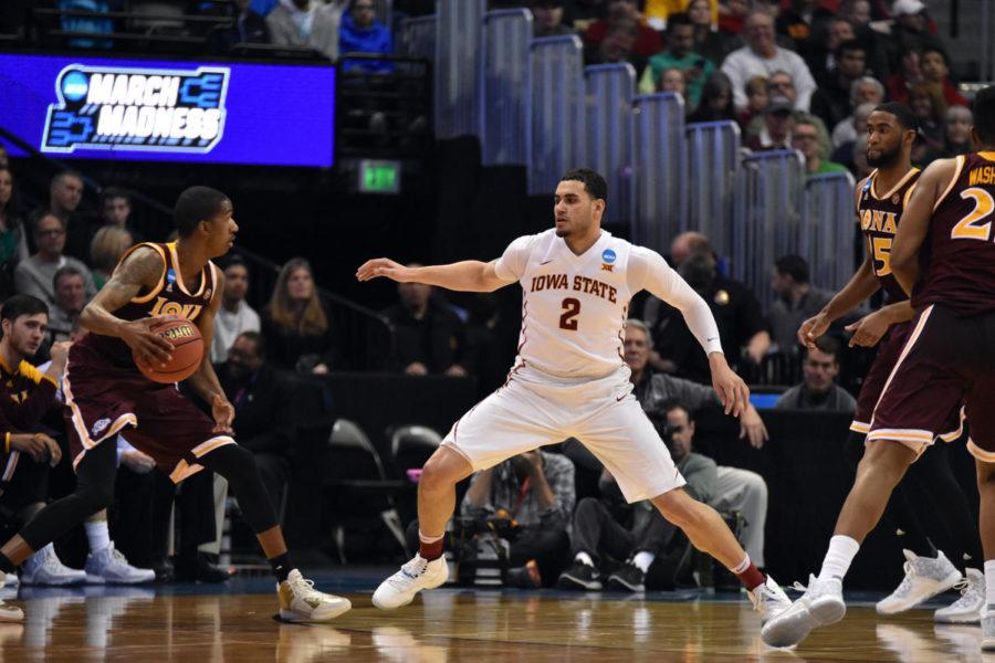 Redshirt senior Abdel Nader blocks an opponent from Iona at the NCAA Tournament on March 17 at the Pepsi Center in Denver. Nader made 19 points, helping Iowa State win 94-81. ISU will play Arkansas-Little Rock on March 19 in Denver.