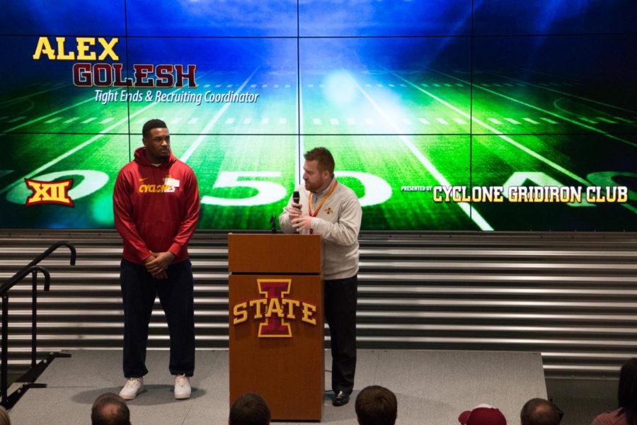Tight end coach and recruiting coordinator Alex Golesh introduces Clifford Fernandez, a transfer tight end from Mississippi, during the 2016 Signing Day Celebration at the Sukup End Zone Feb. 3. The Iowa State football staff introduced all of its 29 signees at the event. 