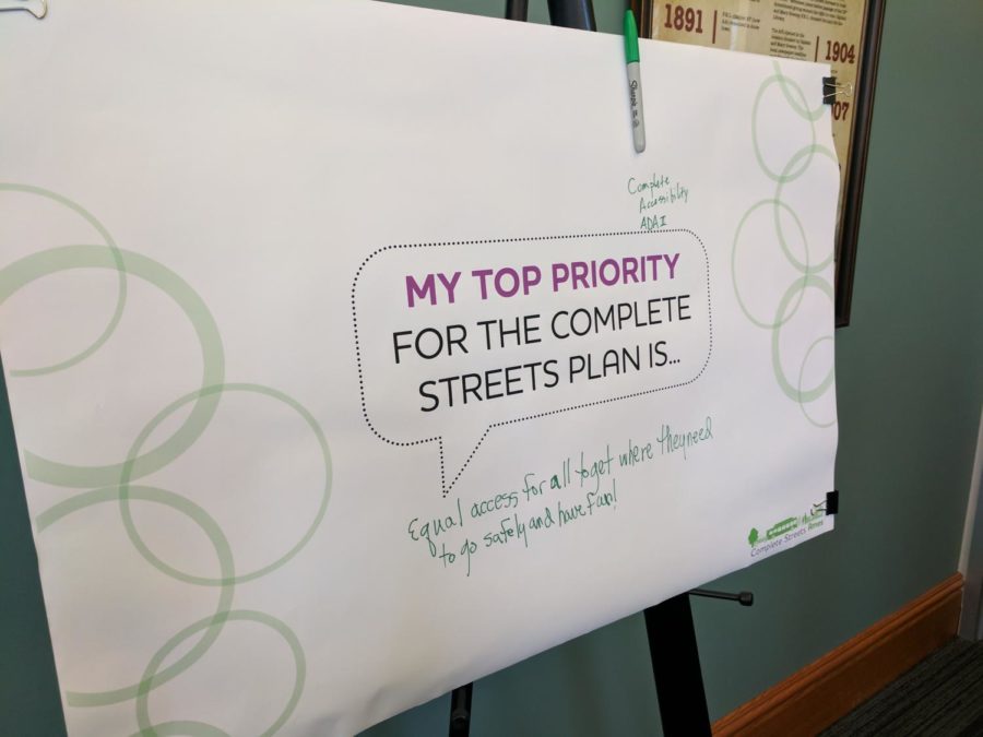 A board at the Complete Streets open house asks citizens what their top priority is when it comes to complete streets.