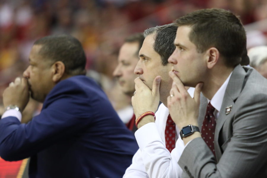 Iowa State head coach Steve Prohm watches a Texas player shoot a free throw during the second half in the Big 12 Championship in Kansas City.