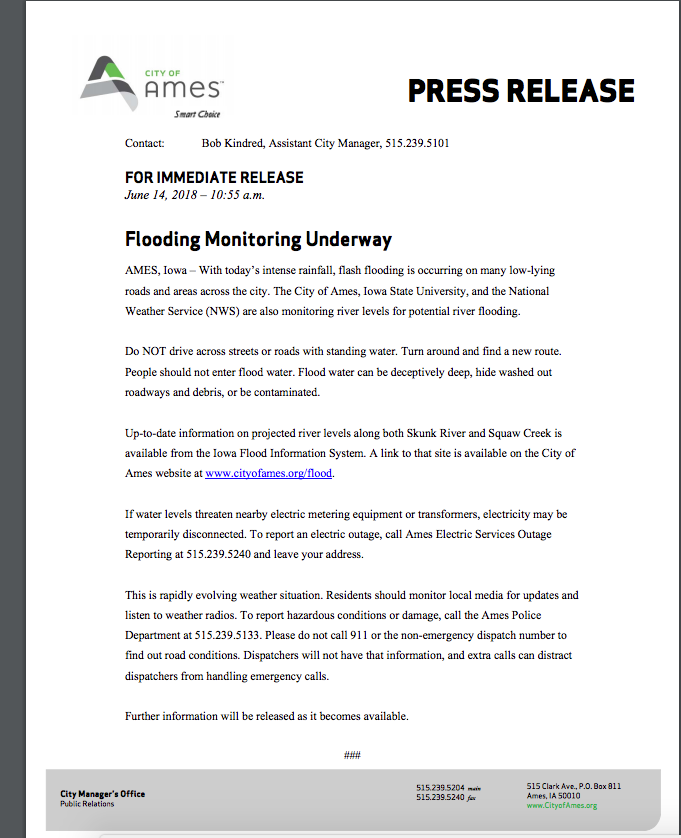 A press release from the City of Ames about monitoring floods throughout the city. 