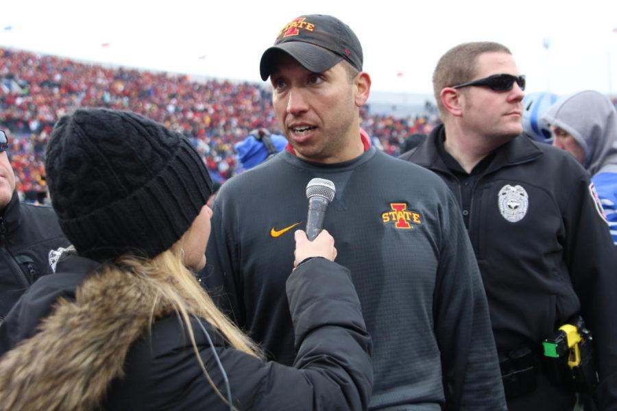 Iowa State head coach Matt Campbell speaks with a reporter following the Cyclones 21-20 win over Memphis in the AutoZone Liberty Bowl.