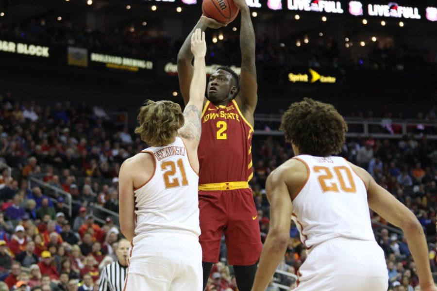 Iowa State freshman Cameron Lard takes a shot during the first half against Texas in the Big 12 Championship in Kansas City.