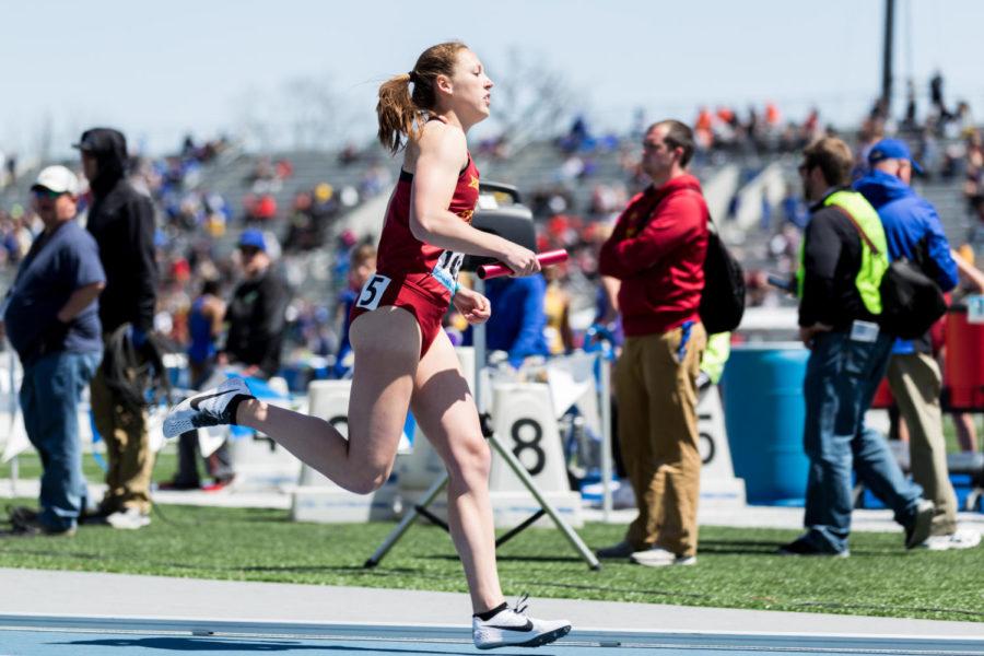 Iowa States Jasmine Staebler runs in the Distance Medley during the last day of the Drake Relays in Des Moines on April 28, 2018. Staebler and the Cyclones finished in third place.