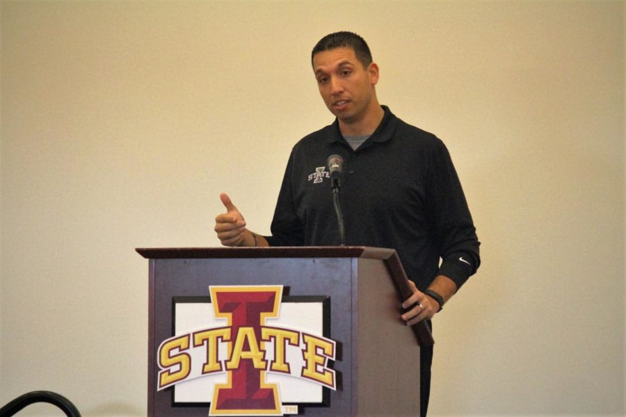 Iowa State Football Coach Matt Campbell discusses the importance of education for his team at Cyclone Club Luncheon on Oct. 6, hosted by the Iowa State Alumni Center.