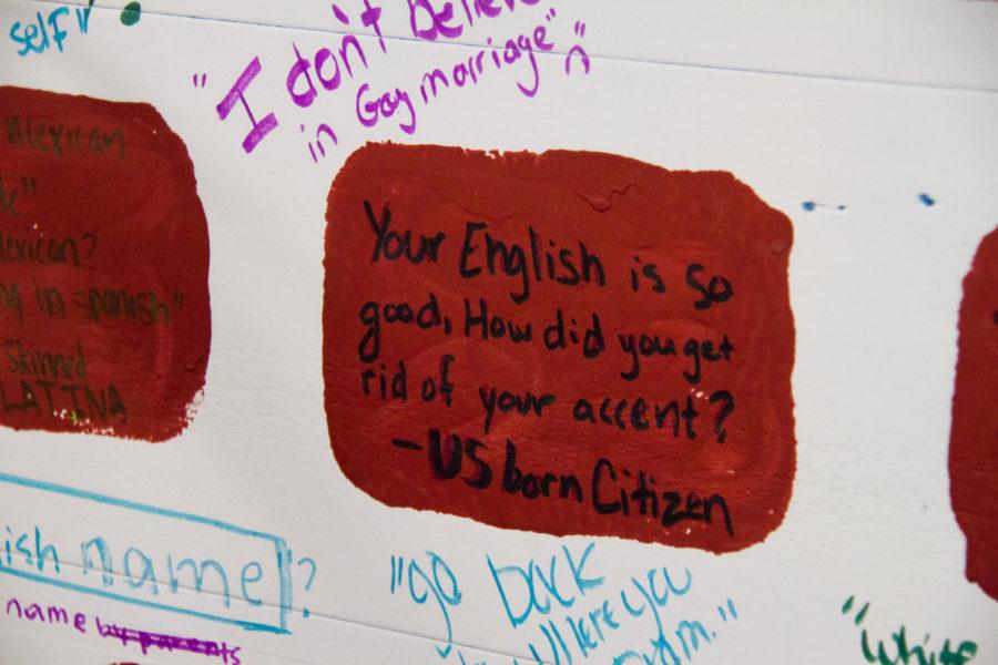A statement from a student is written on the Hate Wall, created by the Asian Pacific American Awareness Coalition (APAAC) to let students and community members talk about various stereotypes they have encountered in their lifetime.