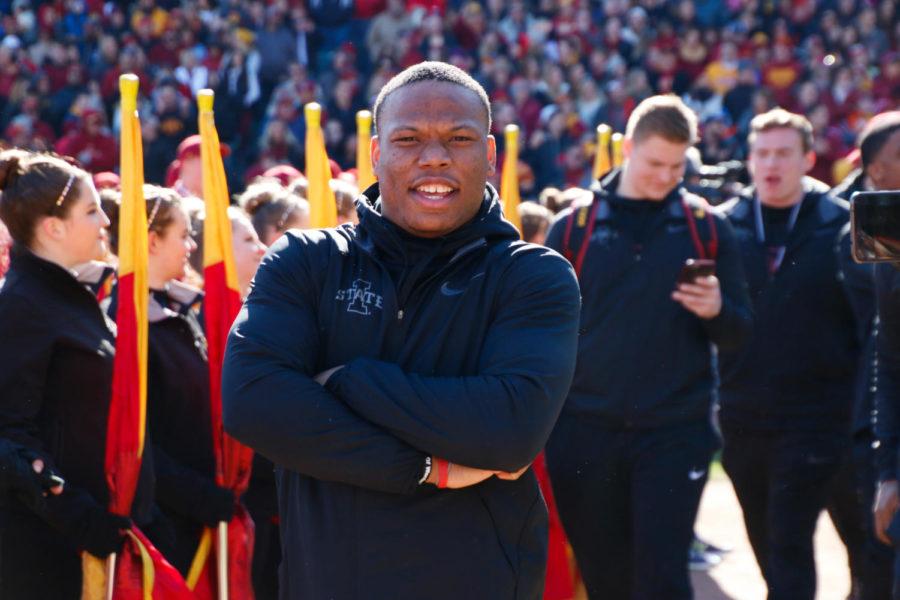 Iowa State running back David Montgomery poses for the media as he walks to the stage at the Cyclone Spirit Rally in AutoZone Park in Memphis, Tennessee. 