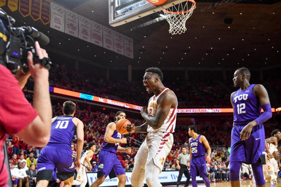 Freshman Cameron Lard celebrates after making a shot against the Horned Frogs during their game against TCU on Feb. 21 at the Hilton Coliseum. 