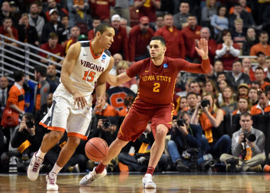 Iowa State redshirt senior Abdel Nader blocks Virginia redshirt senior Malcolm Brogdon at the Sweet 16 on March 25 in Chicago. Nader made 5 rebounds in the game. ISU fell 84-71.