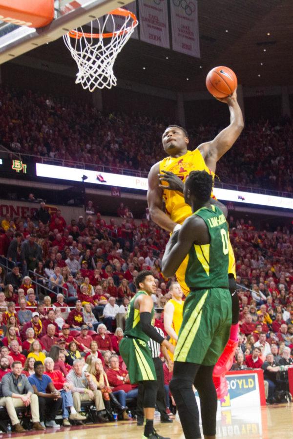 Redshirt senior Deonte Burton goes up for a dunl during a game against #9 Baylor, Saturday afternoon in Hilton Coliseum. After being tied at halftime, the Cyclones pulled off the upset, winning 72-69, and improved to 19-9 overall (11-5 in conference).