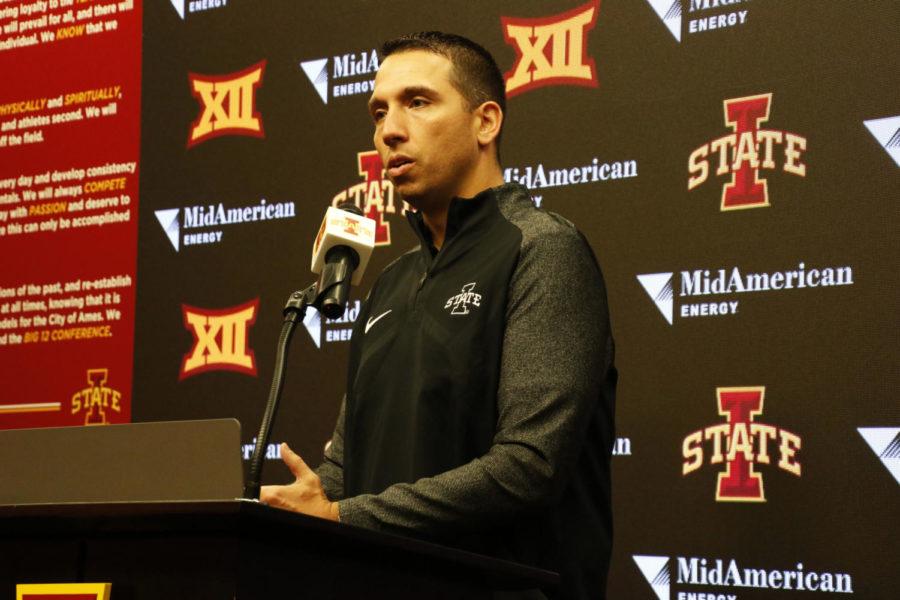 Iowa State football coach Matt Campbell addresses the media following the announcement of his new six-year contract worth $22.5 million. 