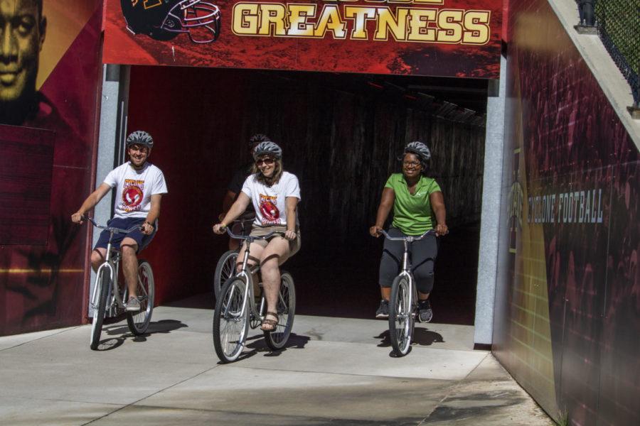 RAGBRAI riders enter this years new Cyclone loop after entering Ames on July 24. The loop allows riders to circle the inside of Jack Trice Stadium to finish the morning leg of the ride. 