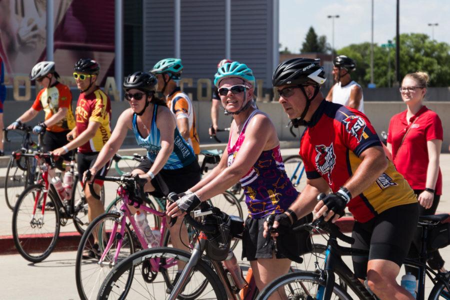 RAGBRAI Participants gather at Jack Trice Stadium in order to be the first cyclists to ride the Cyclone Loop June 5. This loop will become a tradition in coming RAGBRAI races and consists of a lap around the inside of Jack Trice Stadium.