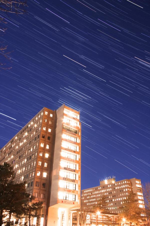 Stars captured moving across the sky behind the Towers dorms on March 1, 2018.