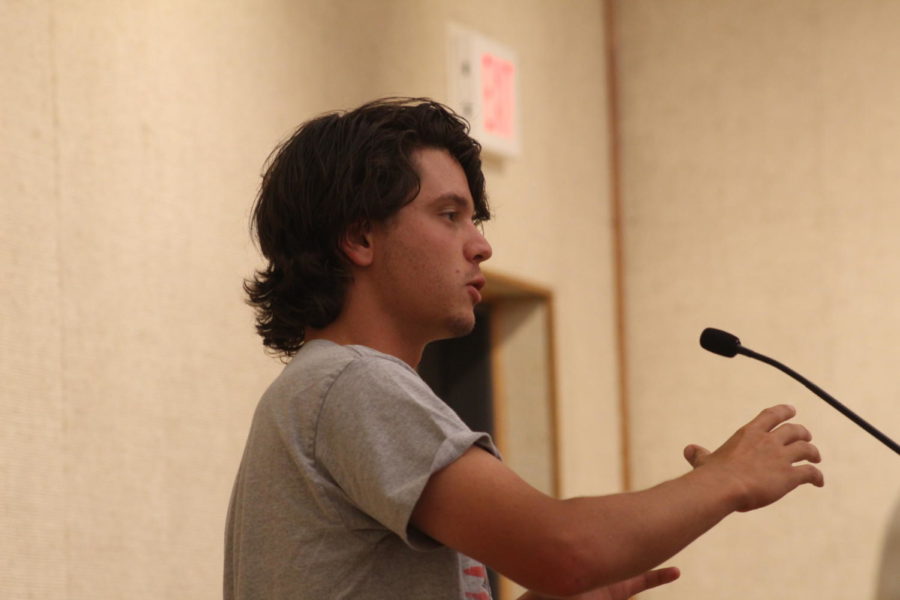 Student Government Senator Sam Freestone denounces Iowa States new Trademark Policy at Wednesday nights meeting, and reads the resolution written by him and 3 other senators. 