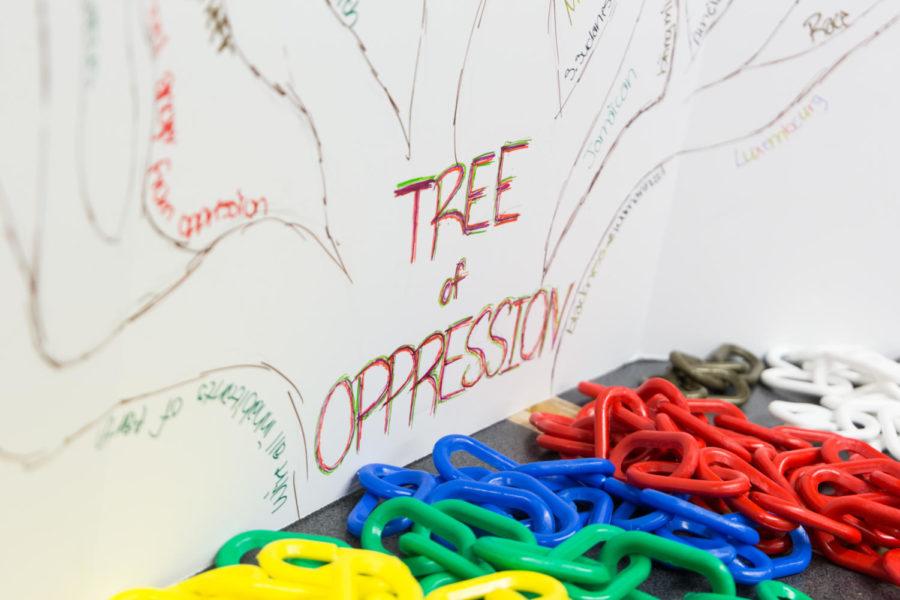 The Tree of Oppression Booth, stationed in the middle of the MU commons, encouraged students to make their own chains using colors to represent themselves during the DIS Late Night.