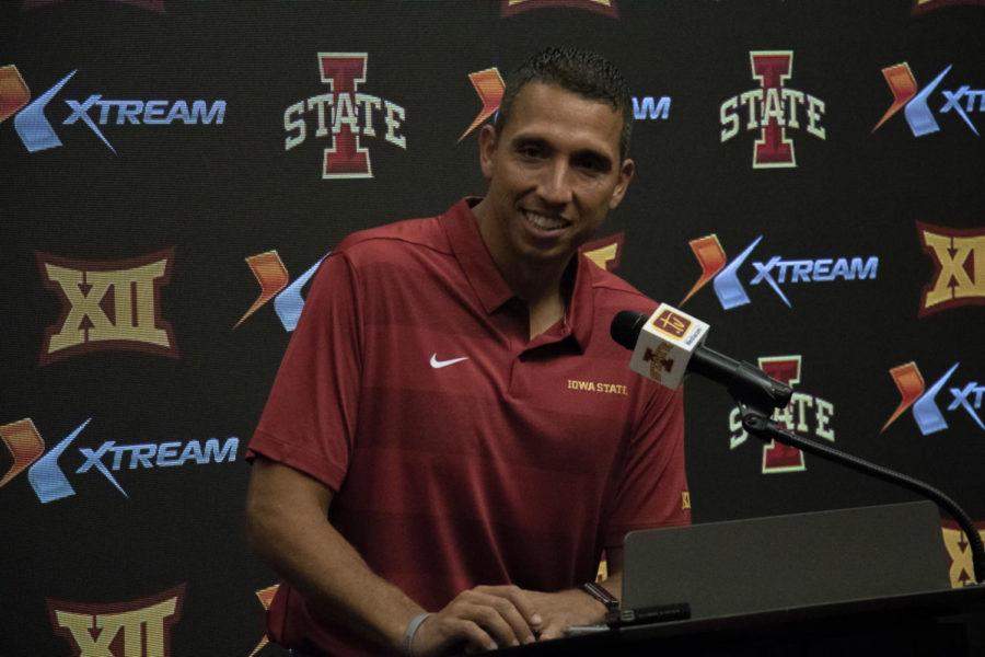 Head coach Matt Campbell speaks to a room of reporters in the Bergstrom Football Complex during the 2018 Media day on Aug. 7.