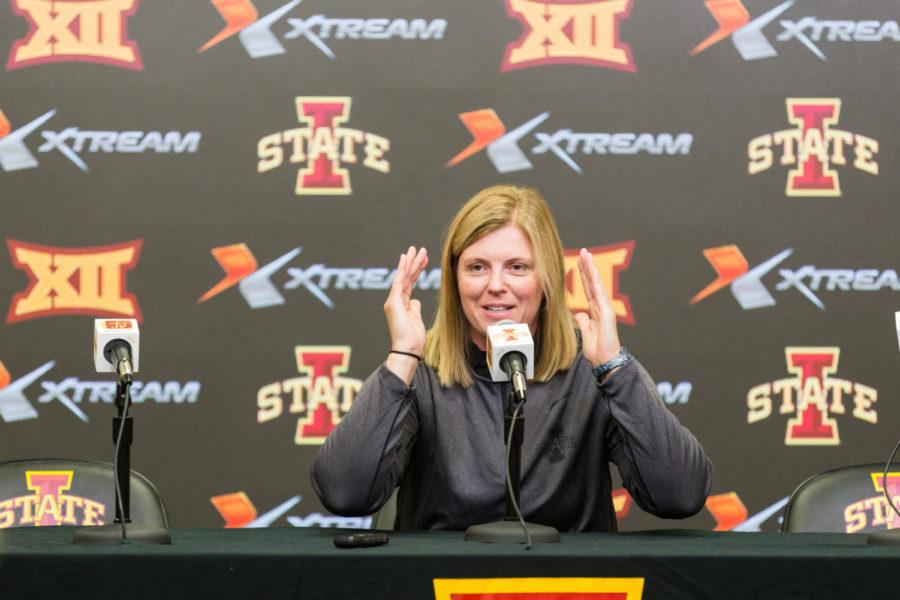 Head Coach Christy Johnson-Lynch talks to the press Aug. 14, 2018, during Iowa State volleyballs media day at Hilton Coliseum.