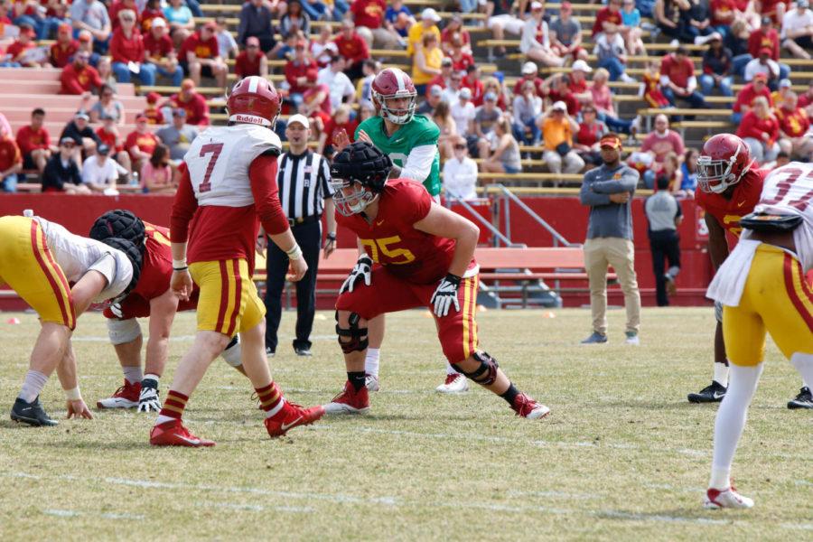 Redshirt freshman Sean Foster lines up on the offensive line during the spring football game at Jack Trice Stadium on April 8. 