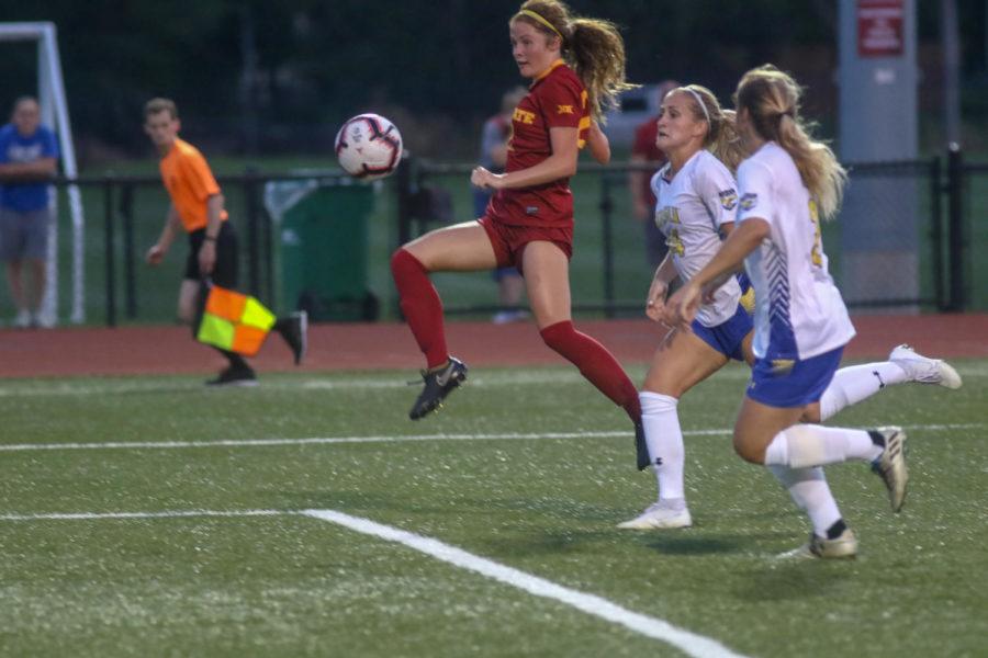 Iowa State sophomore Courtney Powell kicks the ball into the goal for the first goal of the game against South Dakota State.