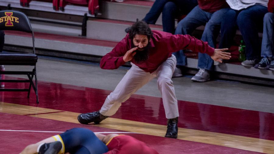 Mike Zadick reacts during a dual at Hilton Coliseum.