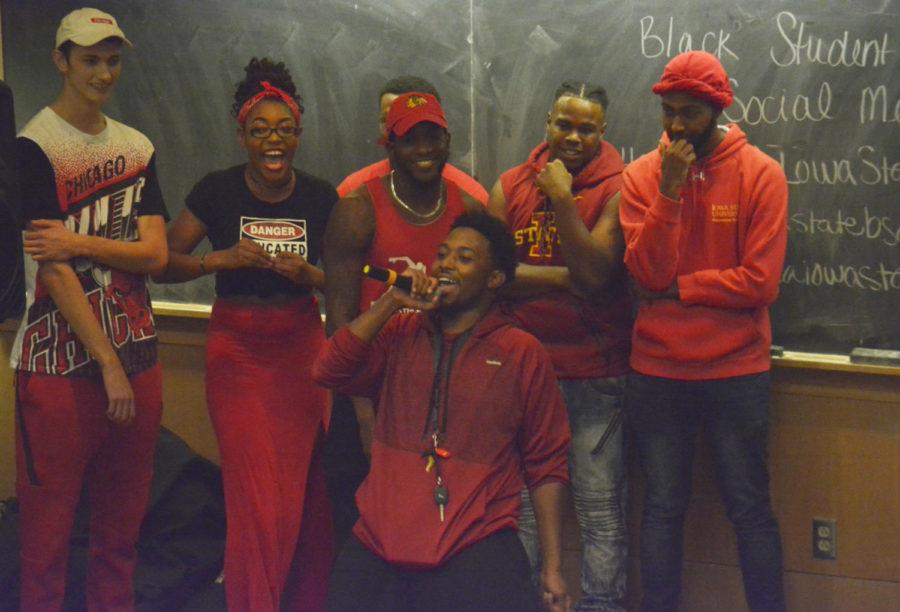 A member of the red team makes a joke during during Wild n Out, a comedy and rap battle, adapted from the popular MTV show Wild n Out hosted by Nick Cannon. The rap battles, hosted by the Black Student Alliance, took place in Coover Hall on Aug. 29.