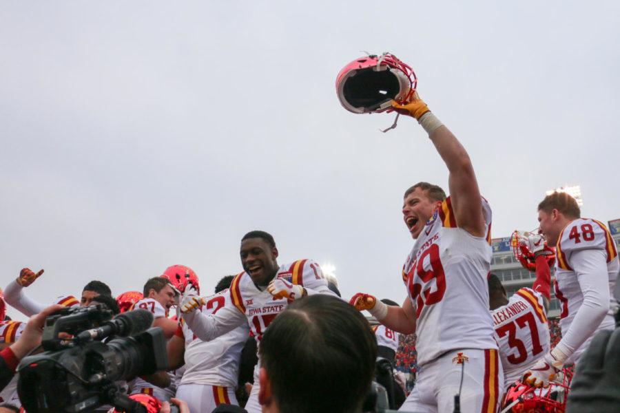 Iowa State football players celebrate their 21-20 win over Memphis during the 59th Annual AutoZone Liberty Bowl in Memphis, Tennessee on Dec. 30, 2017.