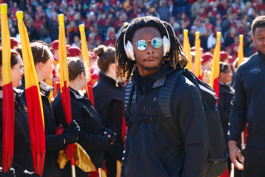 Iowa State defensive back DeMonte Ruth walks to the stage during the Cyclone Spirit Rally at AutoZone Park in Memphis, Tennessee. 