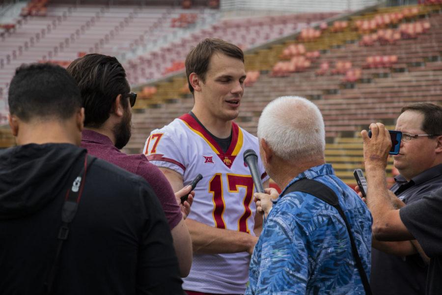 Senior Kyle Kempt gets interviewed during the 2018 Media day on Aug. 7.