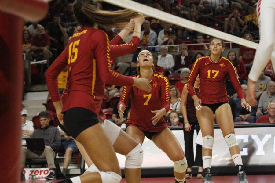 Cyclones volleyball team watch for the ball during the Aug. 24 game in Hilton Coliseum. Cyclones won 3-0.