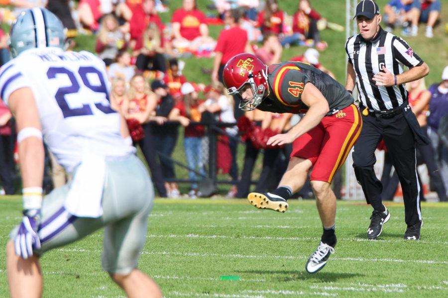 ISU place kicker Chris Francis kicks the ball downfield during the game against Kansas State Oct. 29. The Cyclones would go on to fall to the Wildcats 31-26, making it their first homecoming loss since 2013. 