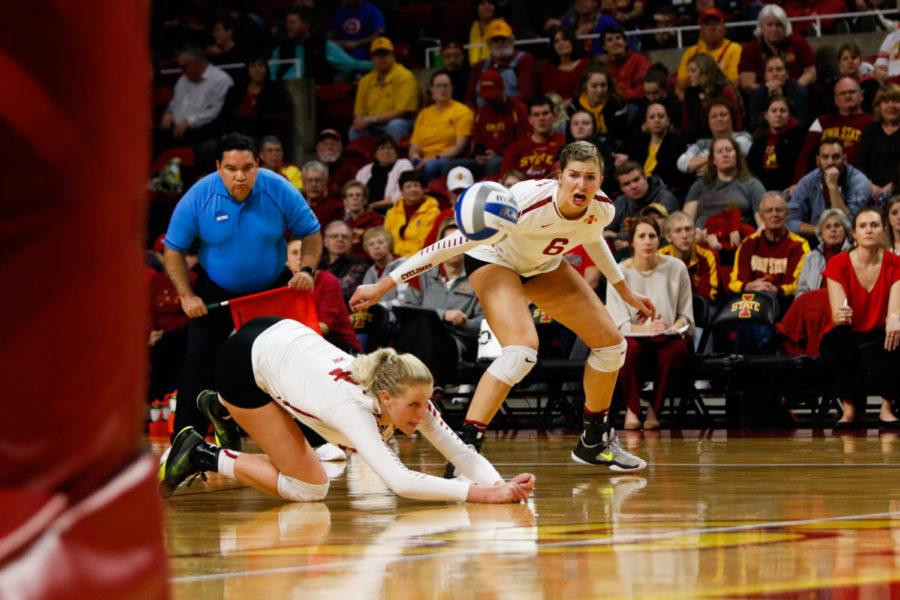 Junior Jess Schaben dives for the ball during Iowa States second round loss to Wisconsin in the NCAA Tournament. 
