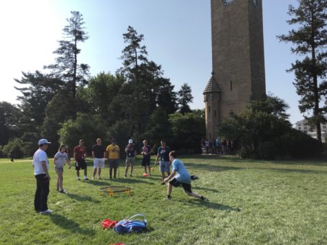 Incoming Freshman play Spikeball on Central Campus following Destination Iowa States Pancake Breakfast Aug. 17.
