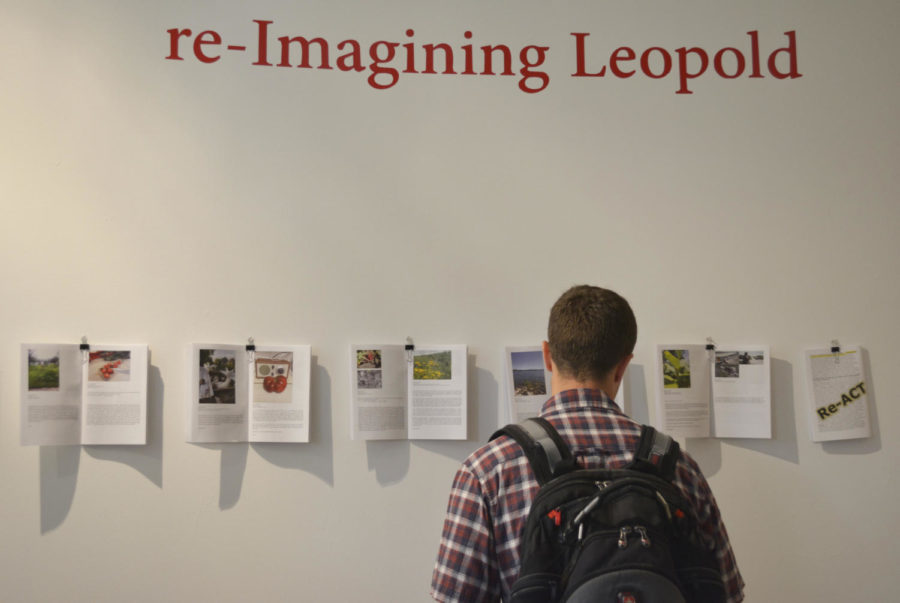 The ReACT gallery located in the Christian Petersen Art Museum at Morrill Hall debuted their newest exhibit re-Imagining Leopold which was inspired by Aldo Leopold and the Leopold Center for Sustainable Agriculture on Aug. 24. A student reads diary-entries from community members regarding farming in Iowa, conservation and nature.