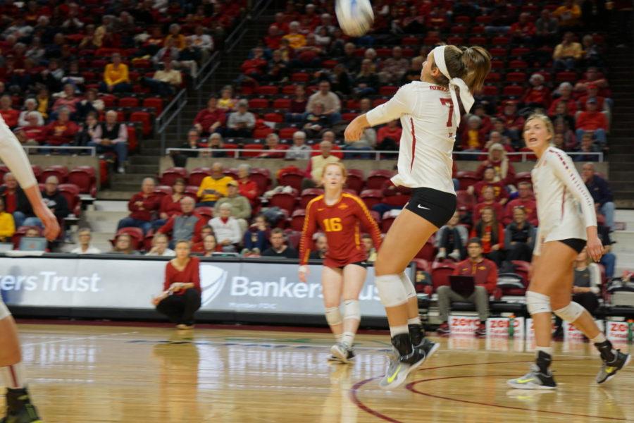 At the Iowa State womens volleyball game on October 30th, Izzy Enna saved a point from the University of North Dakota by saving an attempted spike. 