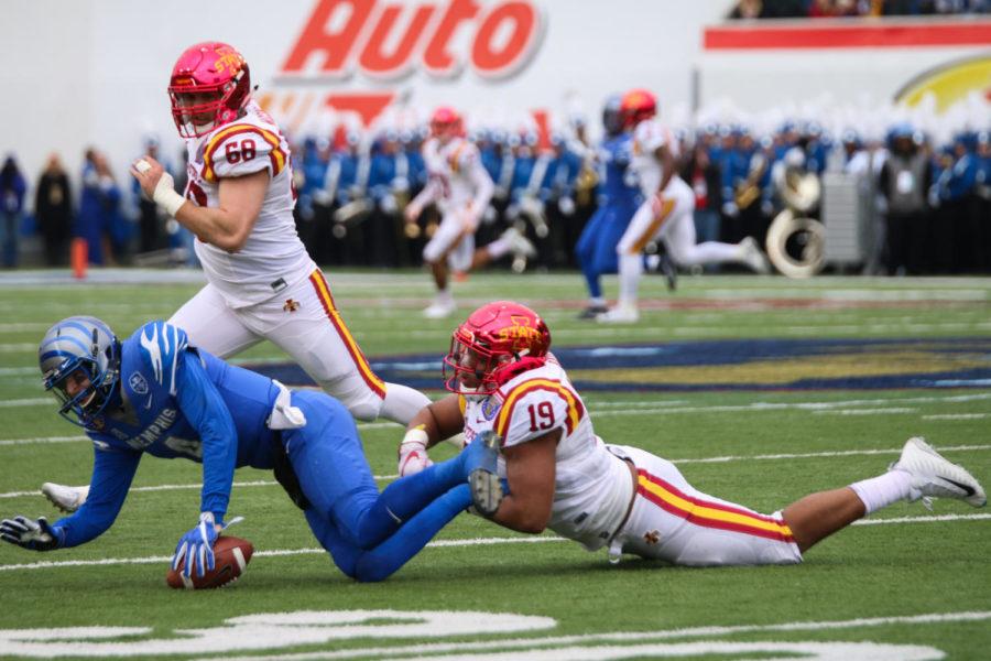 Iowa State defensive end JaQuan Bailey sacks Memphis quarterback Riley Ferguson during the first half of the AutoZone Liberty Bowl against the Tigers on Dec. 30, 2017.