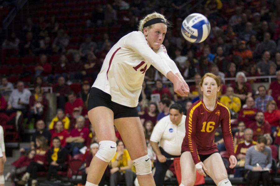 Junior Outside Hitter Jess Schaben bumps the ball during the first round of the NCAA Volleyball Championship against Princeton University at Hilton Coliseum in Ames, Iowa Dec. 01. The Cyclones defeated the Tigers in three consecutive sets.