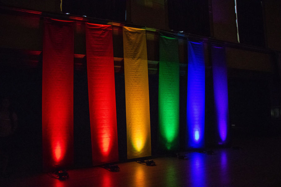 Iowa State students, faculty and community members meet Aug. 21, 2018, in the Great Hall of the Memorial Union to show off their pride during the LGBTQIA+ Welcome.