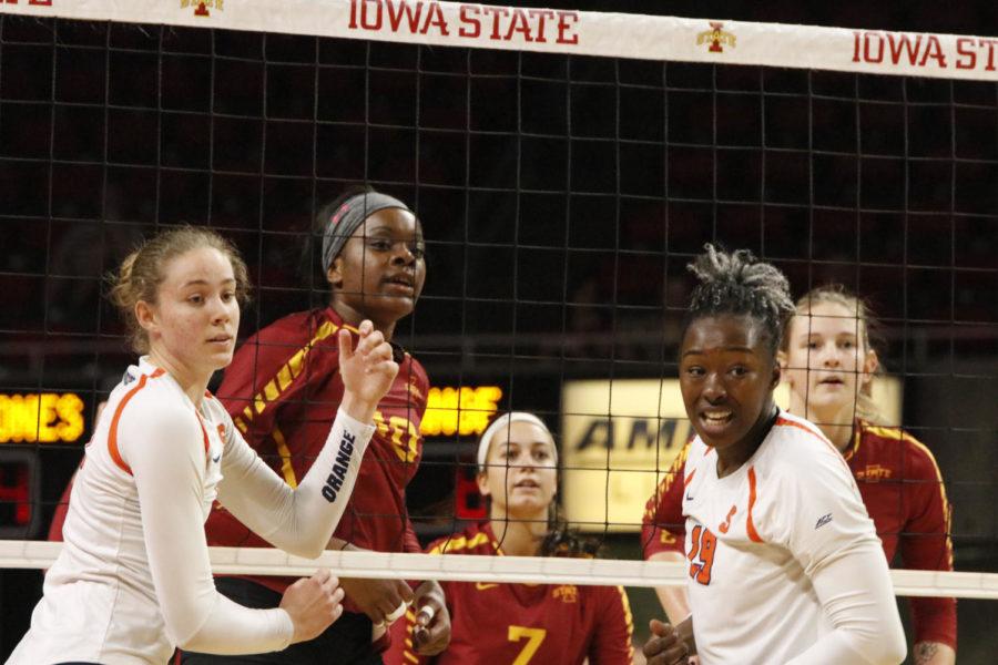 Iowa State and Syracuse volleyball players watch the ball during the game on Sept. 16 in Hilton Coliseum. Cyclones lost 3-2.