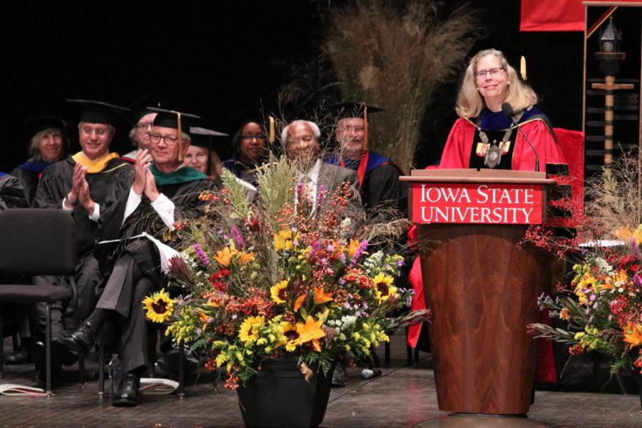 Newly installed President Wintersteen addresses the crowd at Stephens Auditorium on Sept. 21, 2018 during her presidential installation ceremony. “It’s so wonderful to see so many family members, friends and colleagues in the audience. Along with our students, our faculty and staff. I deeply appreciate your support, your prayers, and your good wishes,” Wintersteen said.