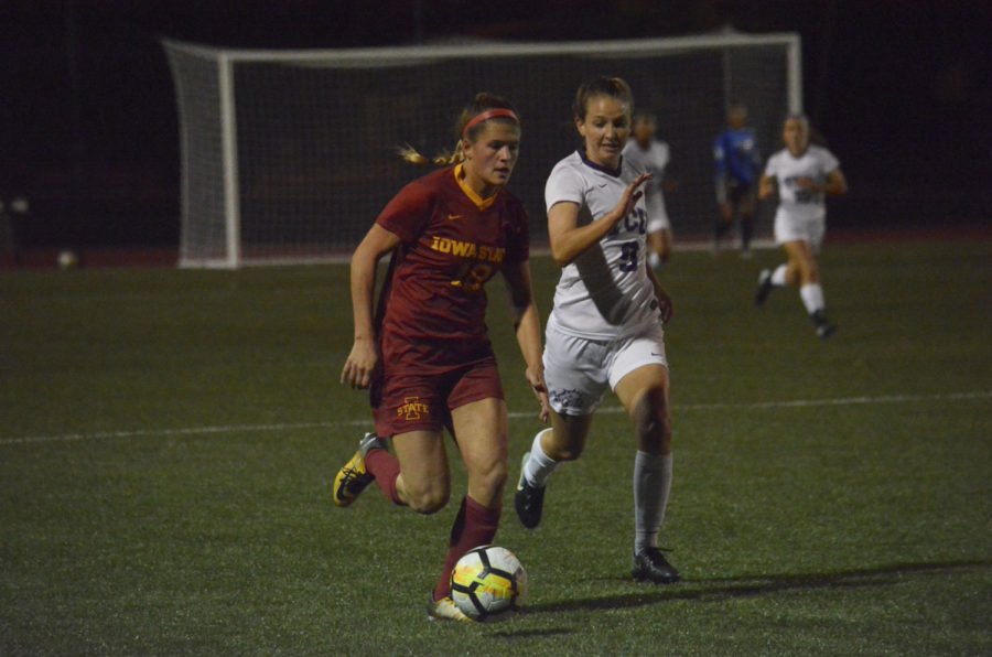 Klasey Medelberg, forward, tries to control the ball during the Cyclone versus Texas Christian University game on Oct 19. at the Cyclone Sports Complex. The game went into overtime with TCU winning 1-0.