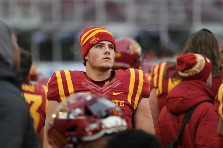 Quarterback Zeb Noland looks at the scoreboard during a game against Oklahoma State on Nov. 11 at Jack Trice Stadium. Iowa State fell to the Cowboys, 49-42.