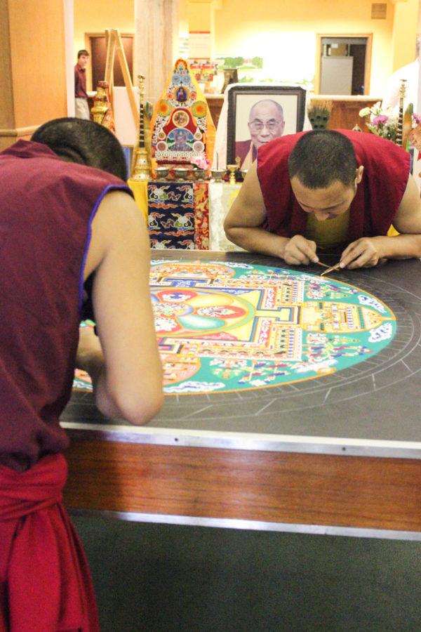 By Wednesday, the Tibeten monks had made great progress on the sand mandala painting in the Memorial Union in 2014. They worked four days total to complete it.