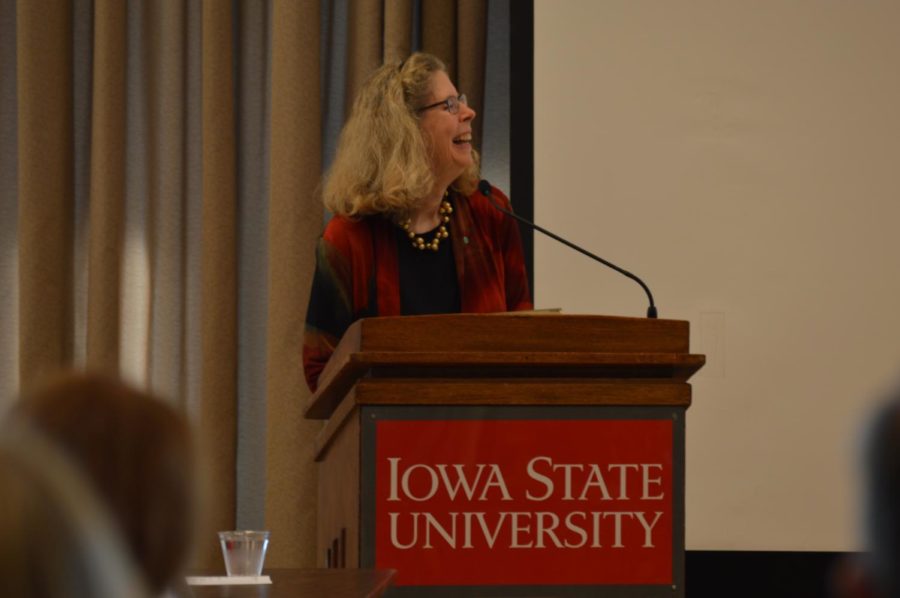 Iowa States President Wendy Wintersteen addresses the Faculty Senate at Tuesday nights first meeting of the year in the Sun Room of the Memorial Union.