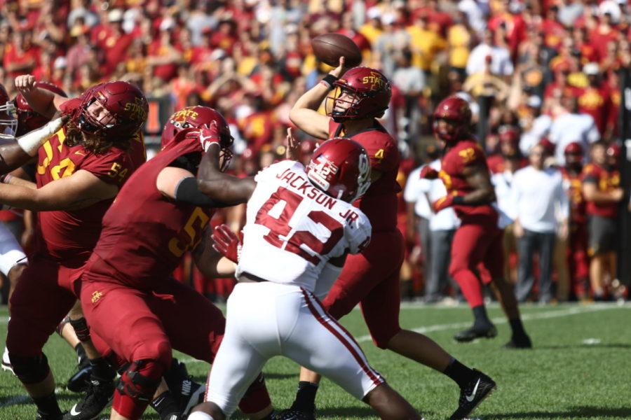 Iowa State sophomore Zeb Noland attempts a pass during the first half against Oklahoma on Sept. 15. Noland got the start after senior Kyle Kempt was injured against Iowa.